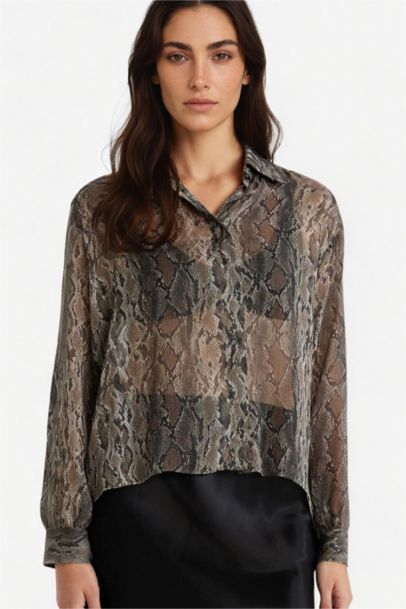 قميص كم طويل شيفون مطبوعة قصة عادية بياقة قميص