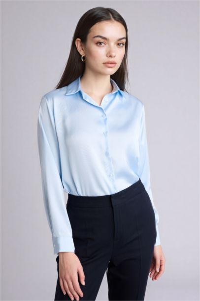 Oversize Fit Shirt Collar Satin Long Sleeve Shirt