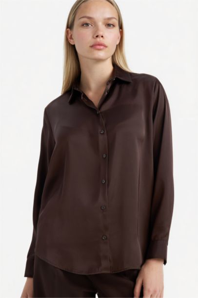 Oversize Fit Shirt Collar Satin Long Sleeve Shirt