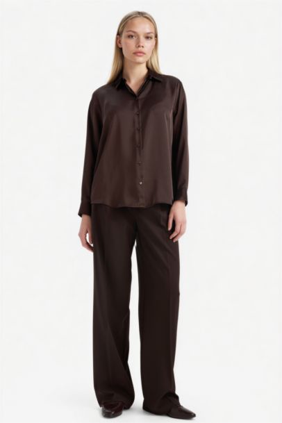 Oversize Fit Shirt Collar Satin Long Sleeve Shirt