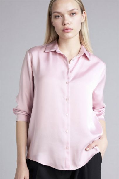 Oversize Fit Shirt Collar Satin Long Sleeve Shirt