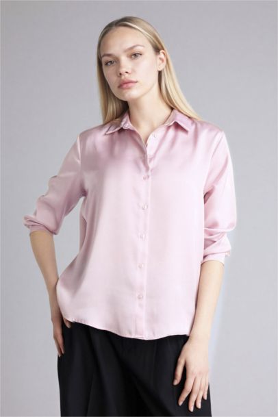Oversize Fit Shirt Collar Satin Long Sleeve Shirt