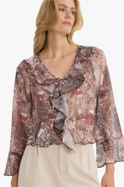 Regular Fit V-Neck Patterned Ruffle Front Chiffon Blouse