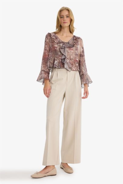 Regular Fit V-Neck Patterned Ruffle Front Chiffon Blouse