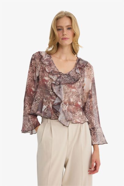 Regular Fit V-Neck Patterned Ruffle Front Chiffon Blouse