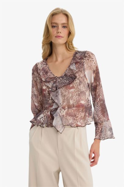 Regular Fit V-Neck Patterned Ruffle Front Chiffon Blouse