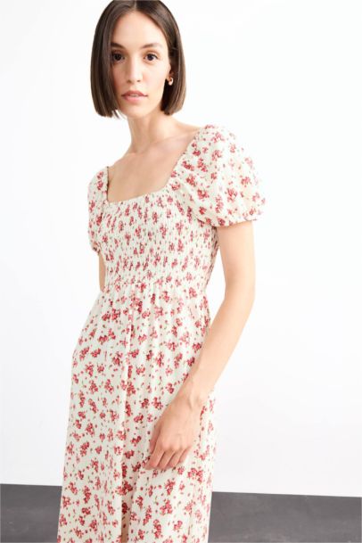 A Line Floral Crepe Short Sleeve Midi Dress