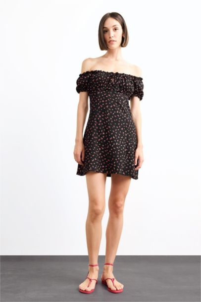 A Line Floral Crepe Short Sleeve Dress