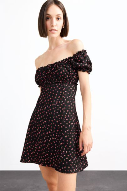 A Line Floral Crepe Short Sleeve Dress
