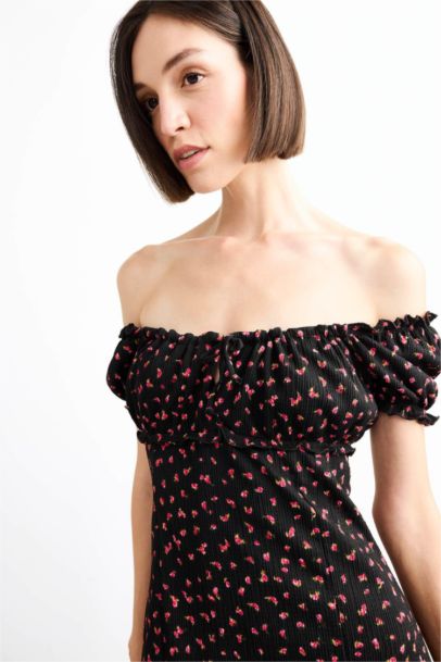 A Line Floral Crepe Short Sleeve Dress