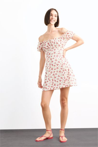 A Line Floral Crepe Short Sleeve Dress