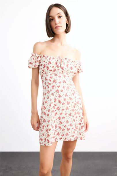 A Line Floral Crepe Short Sleeve Dress