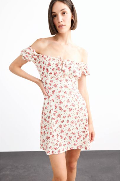 A Line Floral Crepe Short Sleeve Dress