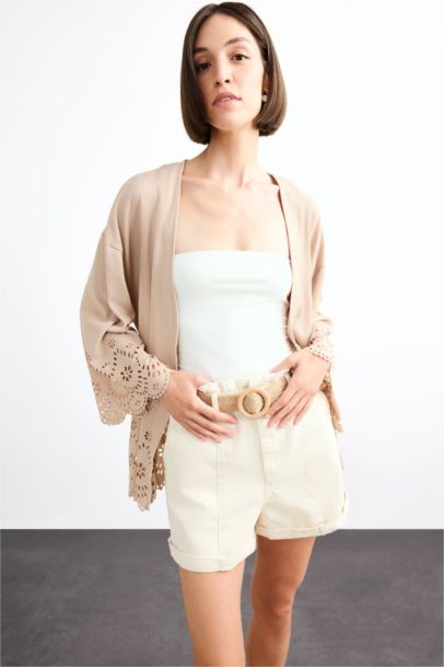 Fitted Bürümcük Brode Bağlamalı Uzun Kollu Bluz