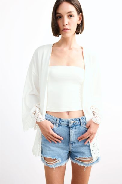 Fitted Bürümcük Brode Bağlamalı Uzun Kollu Bluz