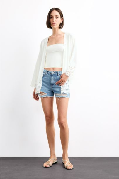 Fitted Bürümcük Brode Bağlamalı Uzun Kollu Bluz