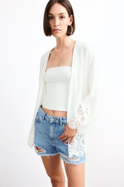 Fitted Bürümcük Brode Bağlamalı Uzun Kollu Bluz