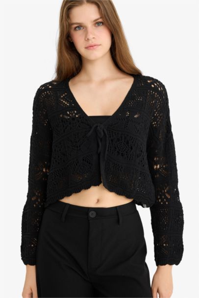 Regular Fit V-Neck Tie Front Crochet Cardigan