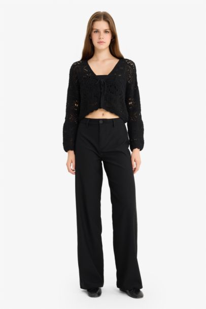 Regular Fit V-Neck Tie Front Crochet Cardigan