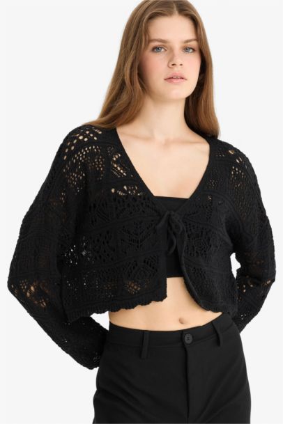 Regular Fit V-Neck Tie Front Crochet Cardigan