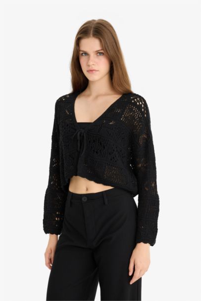 Regular Fit V-Neck Tie Front Crochet Cardigan