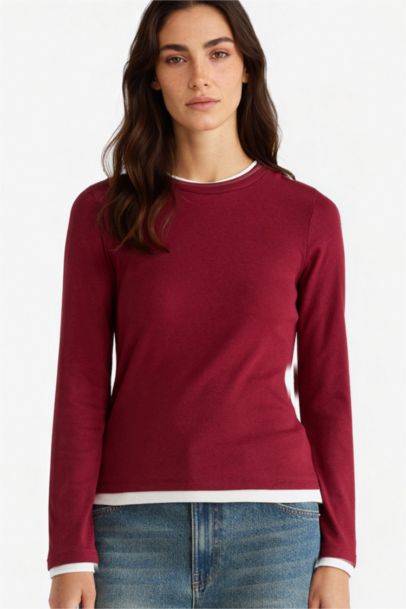 Regular Fit Crew Neck Long Sleeve Ribbed Top