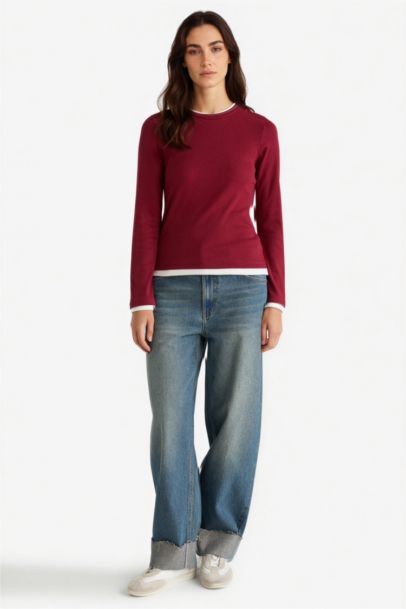 Regular Fit Crew Neck Long Sleeve Ribbed Top