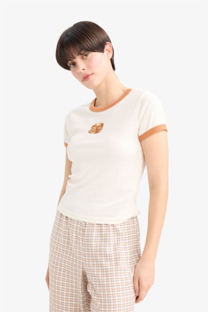 Fall in Love Fitted Crew Neck Printed Ribbed Top