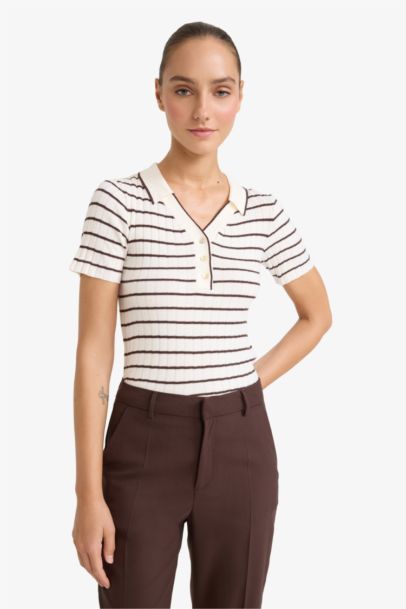 Slim Fit Polo Collar Striped Knitwear Pullover