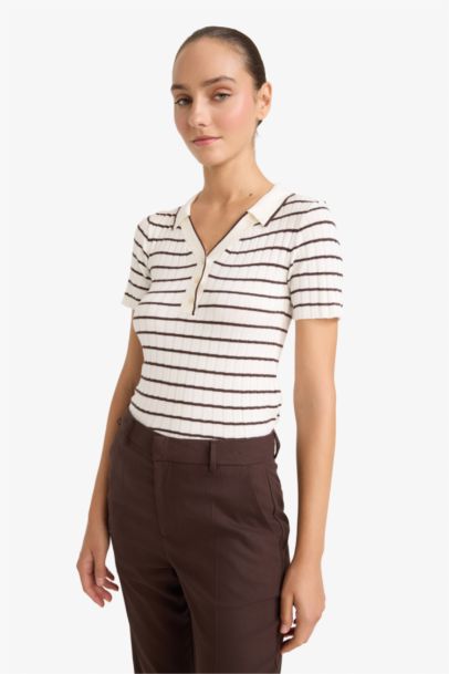 Slim Fit Polo Collar Striped Knitwear Pullover