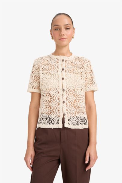 Regular Fit Crew Neck Embroidered Cardigan