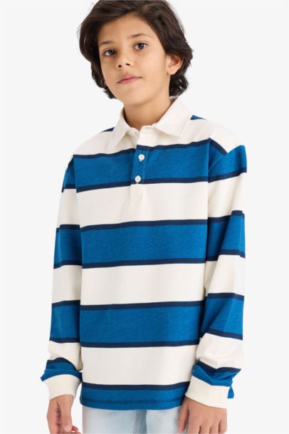 Boy Color Block Polo Collar Long Sleeve T-shirt