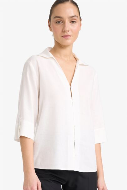 Regular Fit Flap Collar Linen Blended Short Sleeve Shirt