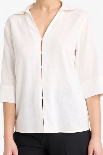 Regular Fit Flap Collar Linen Blended Short Sleeve Shirt