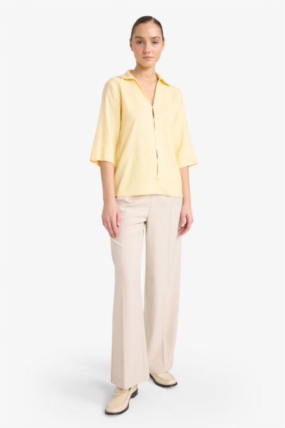 Regular Fit Flap Collar Linen Blended Short Sleeve Shirt