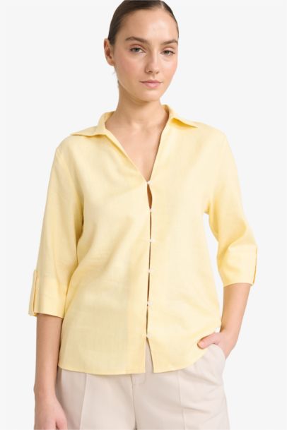 Regular Fit Flap Collar Linen Blended Short Sleeve Shirt