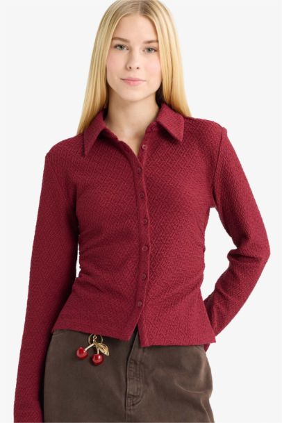 قميص كم طويل القماش المنسوج سليم فيت بياقة قميص