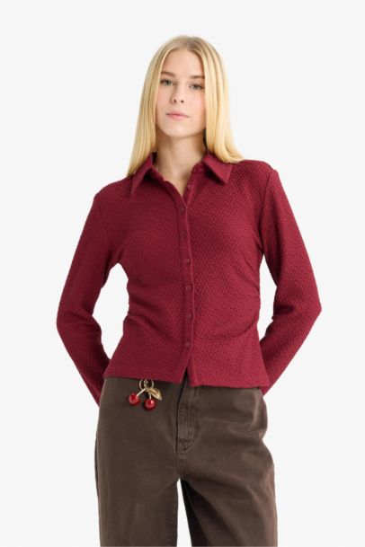 قميص كم طويل القماش المنسوج سليم فيت بياقة قميص