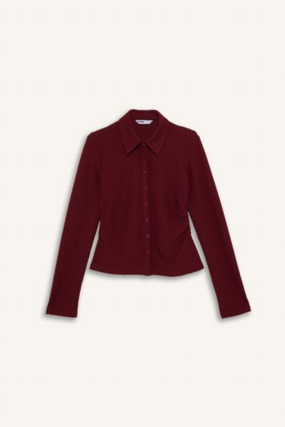 قميص كم طويل القماش المنسوج سليم فيت بياقة قميص