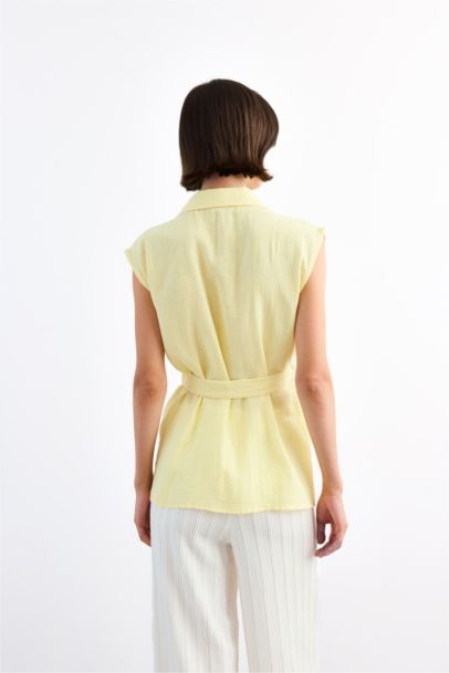 %100 Pamuk Bağlamalı Ceket Yaka Kolsuz Bluz