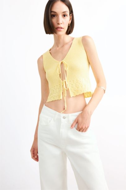 V Neck Front Tie Knit Blouse