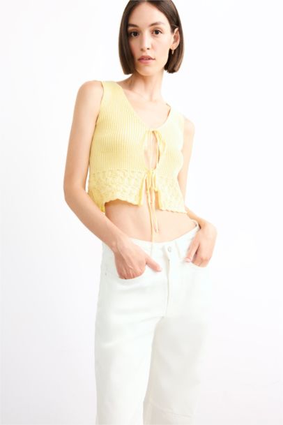 V Neck Front Tie Knit Blouse