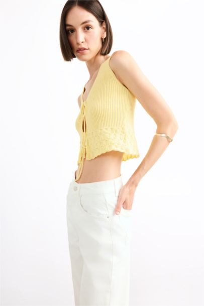 V Neck Front Tie Knit Blouse