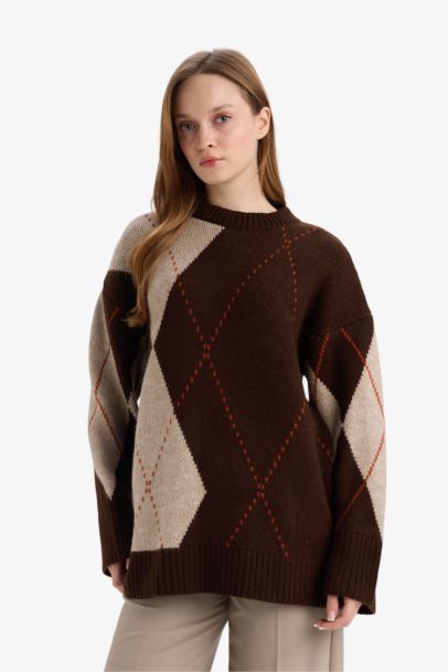 Regular Fit Bisiklet Yaka Baklava Desenli Triko Kazak Tunik