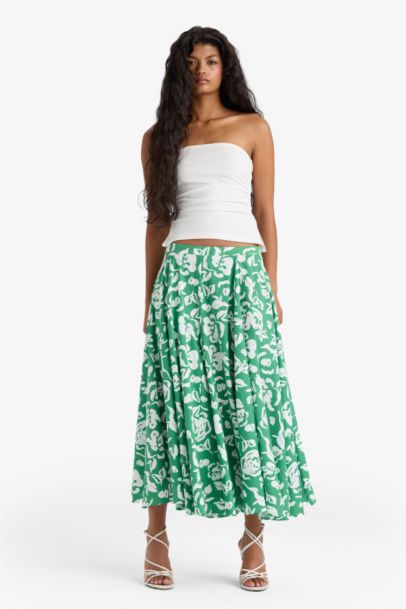 A Cut Floral Linen Look Normal Waist Maxi Skirt