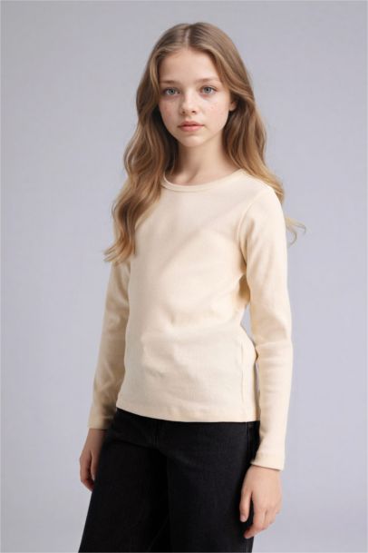 T-shirt slim côtelé à manches longues et col rond pour fille