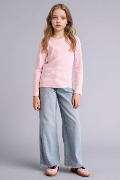 T-shirt slim côtelé à manches longues et col rond pour fille