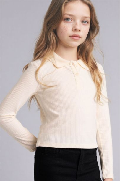 Slım Fıt Polo Yaka Fitilli Kaşkorse Tişört Kız Çocuk