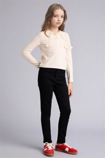 Slım Fıt Polo Yaka Fitilli Kaşkorse Tişört Kız Çocuk