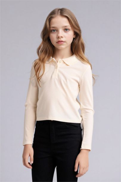 Slım Fıt Polo Yaka Fitilli Kaşkorse Tişört Kız Çocuk